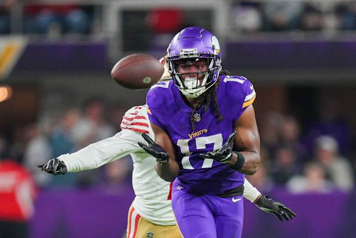 Oct 23, 2023; Minneapolis, Minnesota, USA; Minnesota Vikings wide receiver K.J. Osborn (17) catches a pass against the San Francisco 49ers in the fourth quarter at U.S. Bank Stadium.